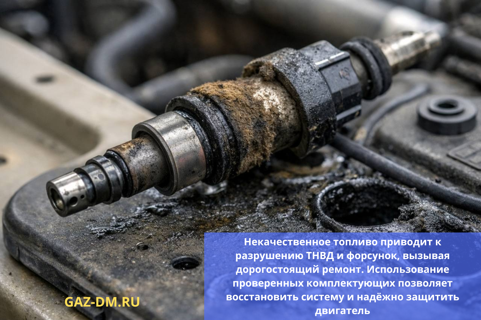 Изношенная топливная форсунка двигателя с признаками загрязнения и коррозии